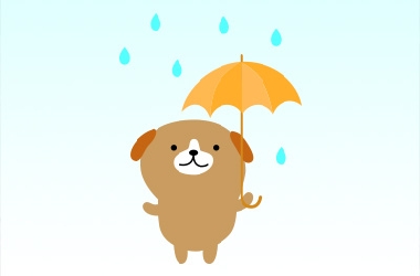 雨の中傘を差す可愛い犬のイラスト