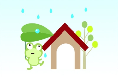 雨の中傘を差す可愛い蛙と家のイラスト